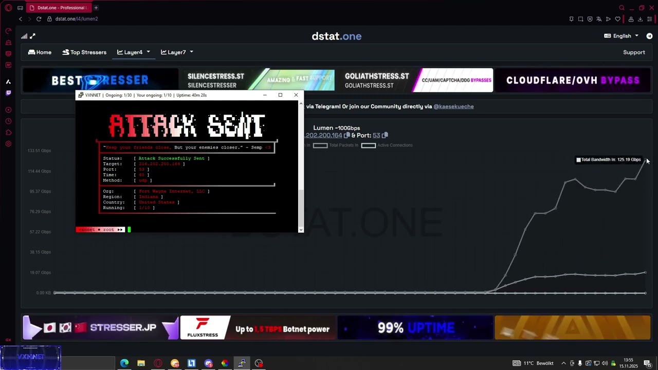 vxnnet c2 botnet showcase cnc 1 con 150 gb/s  dstat test