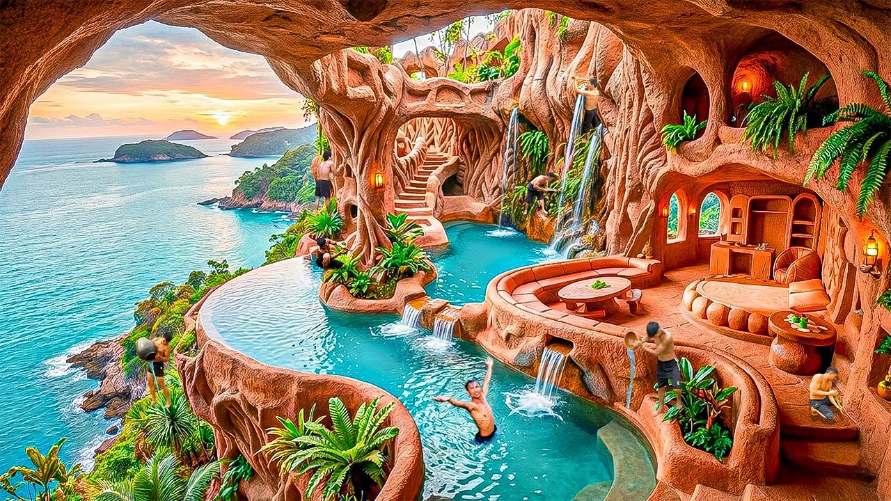 200 Days Building a Luxury Underground Cave House with Carved Interior and Natural Pools Using Tools