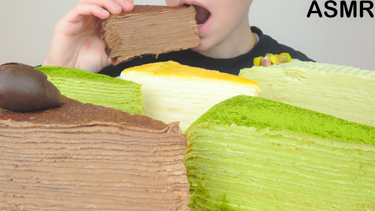 ASMR Crepe Cake Variety [Chocolate, Green Tea, Pistachio, Signature] Soft Eating Sounds Mukbang