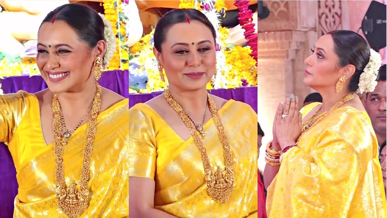 Rani Mukherjee Beautiful In Yellow Saree At Durga Puja 2024 Day 7