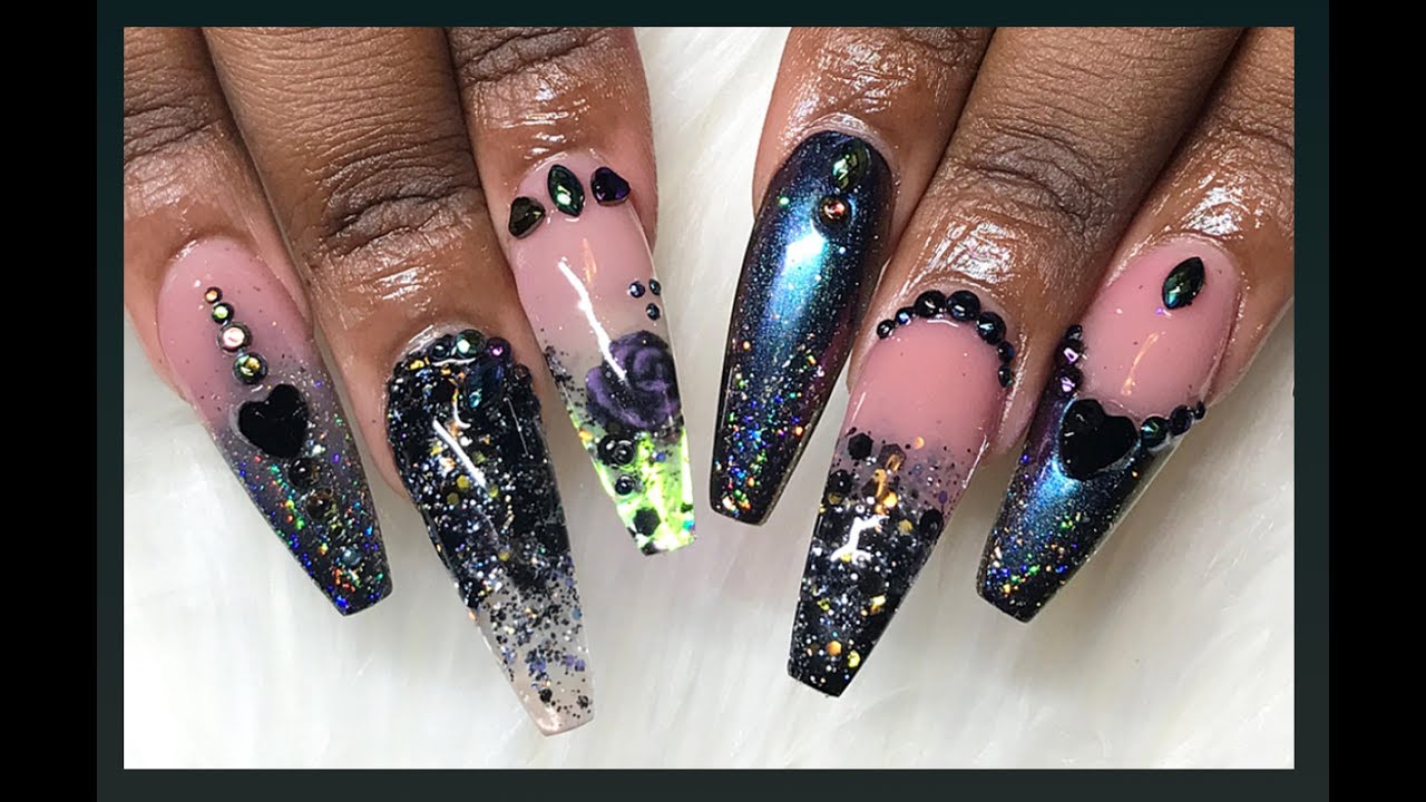 ♡ Black Opal Acrylic Nails + Easy Encapsulated Rose ♡
