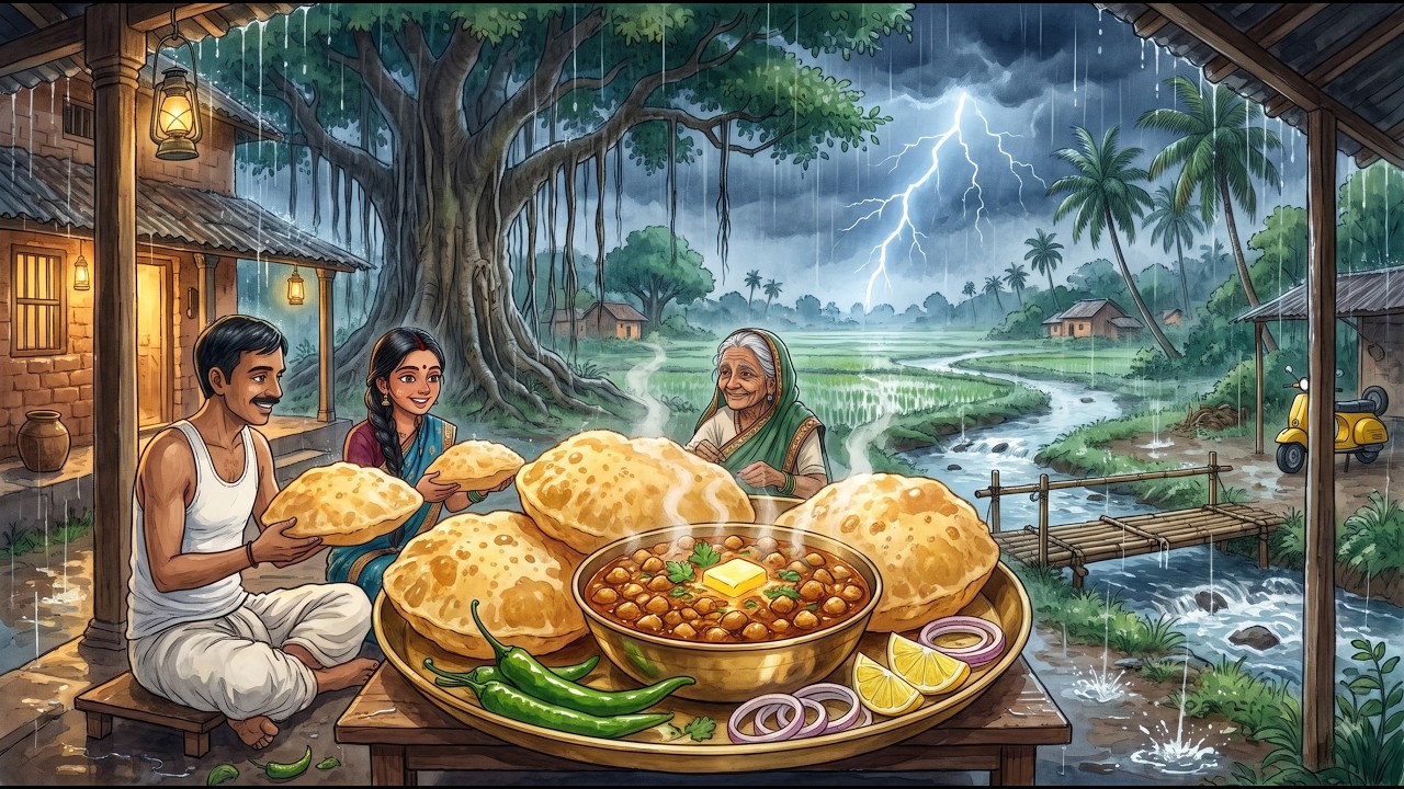 90s Heavy Rain 🌧️ Chole Bhature. A Surprise Visit from Grandma | Cozy Village Ghibli ASMR #ghibli