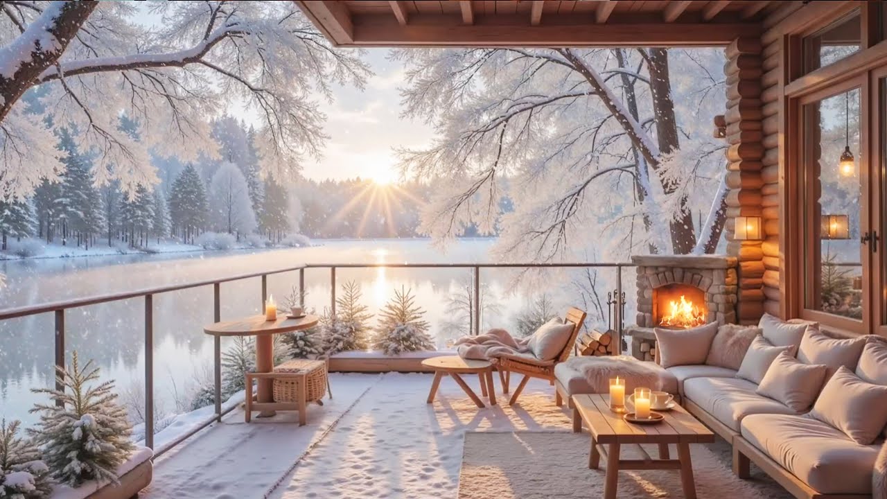 Warm Winter Lake Morning❄️ Soft Piano Music, Cozy Fireplace & Nature Sounds for Relaxation