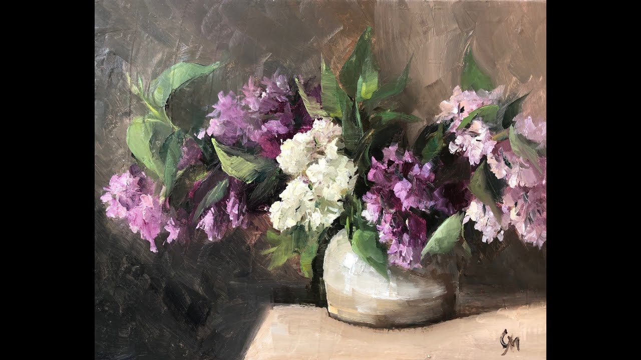 Painting lilacs in oil from life. Alla prima. Full length process, still life.