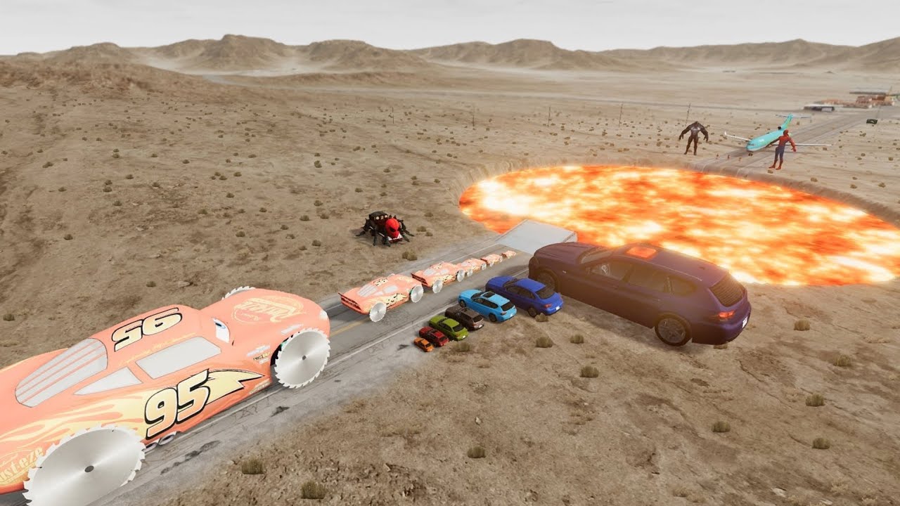 Big & Small Lightning McQueen and the  Cars take on Lava Pithole at high speed 