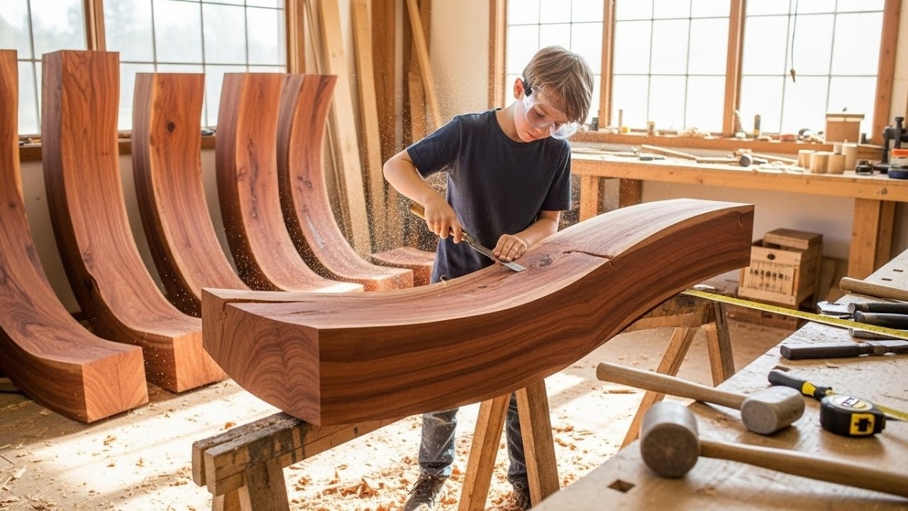 Young Carpenter Genius and Redwood Slab and Logs, Watch What He Does with Them!!!
