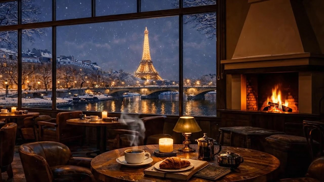 Peaceful Winter Coffee Shop ❄️ Relaxing Jazz Piano & Crackling Fireplace Ambience for Study & Work