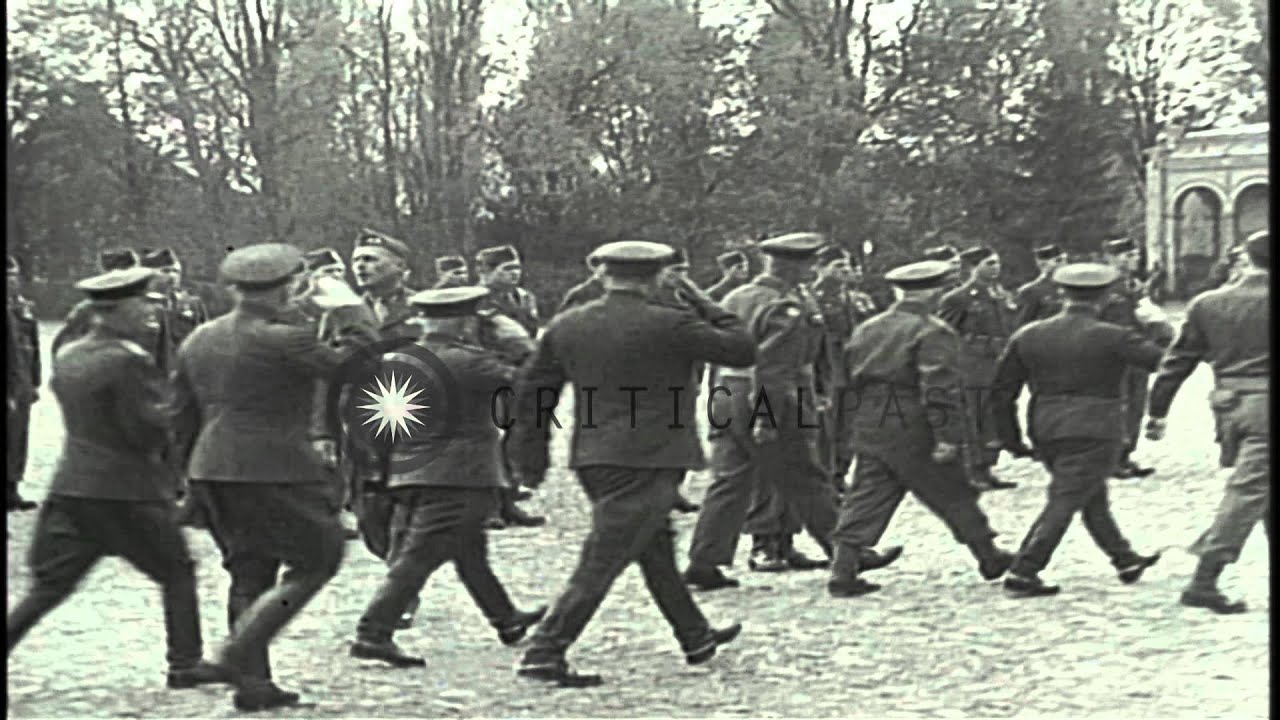 Soldiers march during a meeting of Allied Generals in Ludwigslust, Germany at end...HD Stock Footage