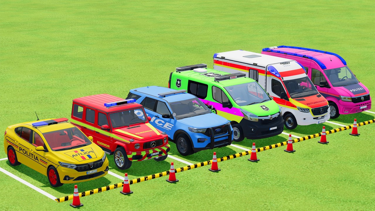 TRANSPORTING POLICE CARS, AMBULANCE, FIRE TRUCK, COLORFUL CARS WITH TRAIN - FARMING SIMULATOR 22 #13