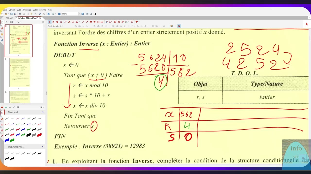 📘 Bac Scientifique Info Séance Direct | Exercices corrigés d’algorithmique & programmation