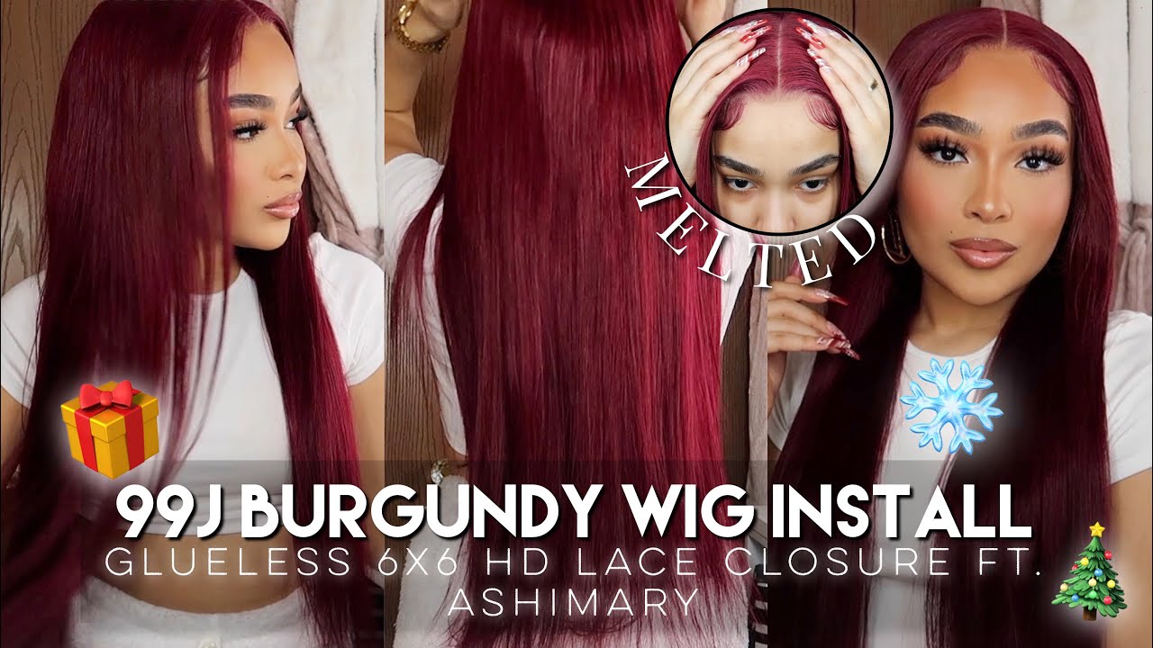GLUELESS 99J BURGUNDY RED STRAIGHT 6X6 LACE CLOSURE WIG INSTALL ft. ASHIMARY HAIR