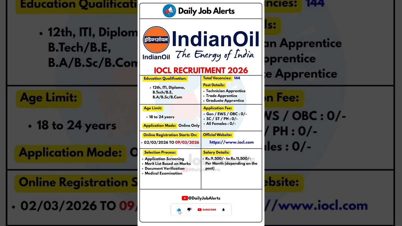 IOCL Recruitment 2026 | New Vacancy 2026 | Daily Job Alerts #shorts