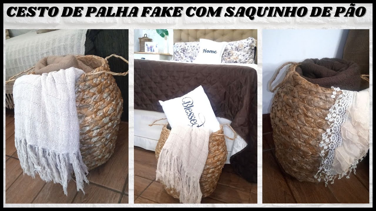 COMO FAZER CESTO DE PALHA FAKE USANDO PAPELÃO E SAQUINHO DE PÃO/DIY CESTO IMITANDO PALHA/DIKINHA DIY