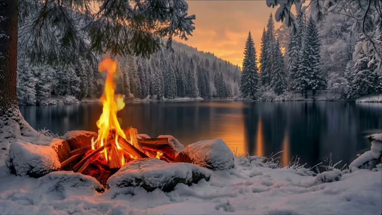 نار صغيرة… وسماء تشتعل غروبًا | خلفية تلفاز هادئة في أجواء شتوية