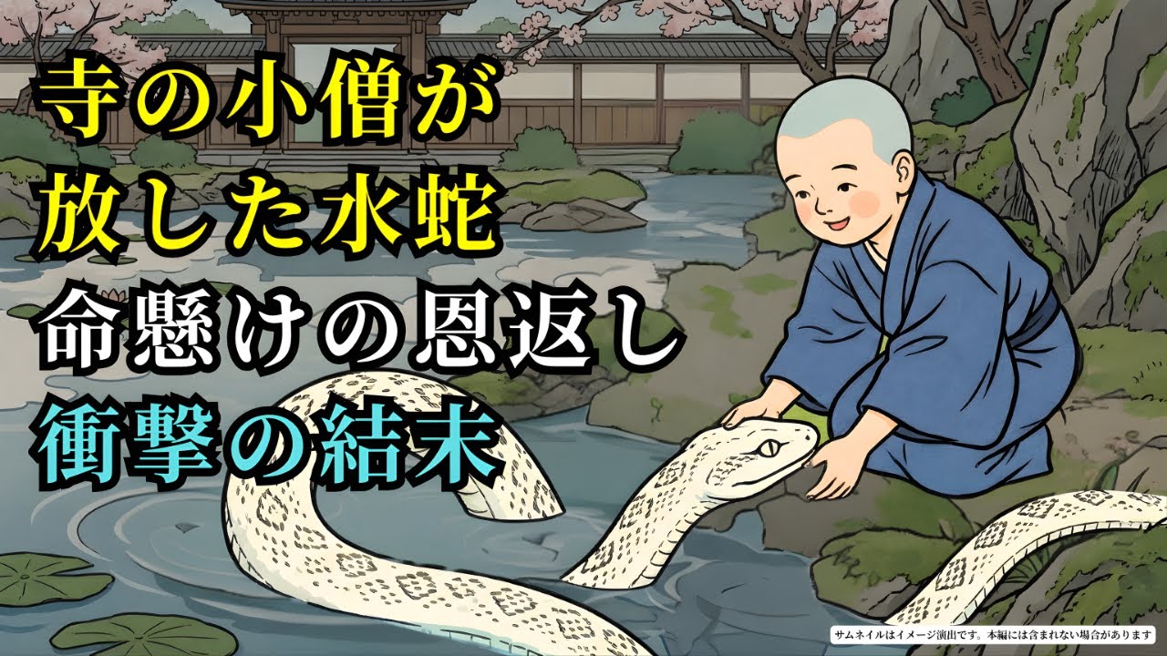 寺の小僧に救われた一匹の水蛇。数年後、呪われた「最期の誓い」から彼を救うため、蛇が捧げた衝撃の代償 (AIフィクション) | 野談 | 伝説 | 昔話 | 説話 | 民話