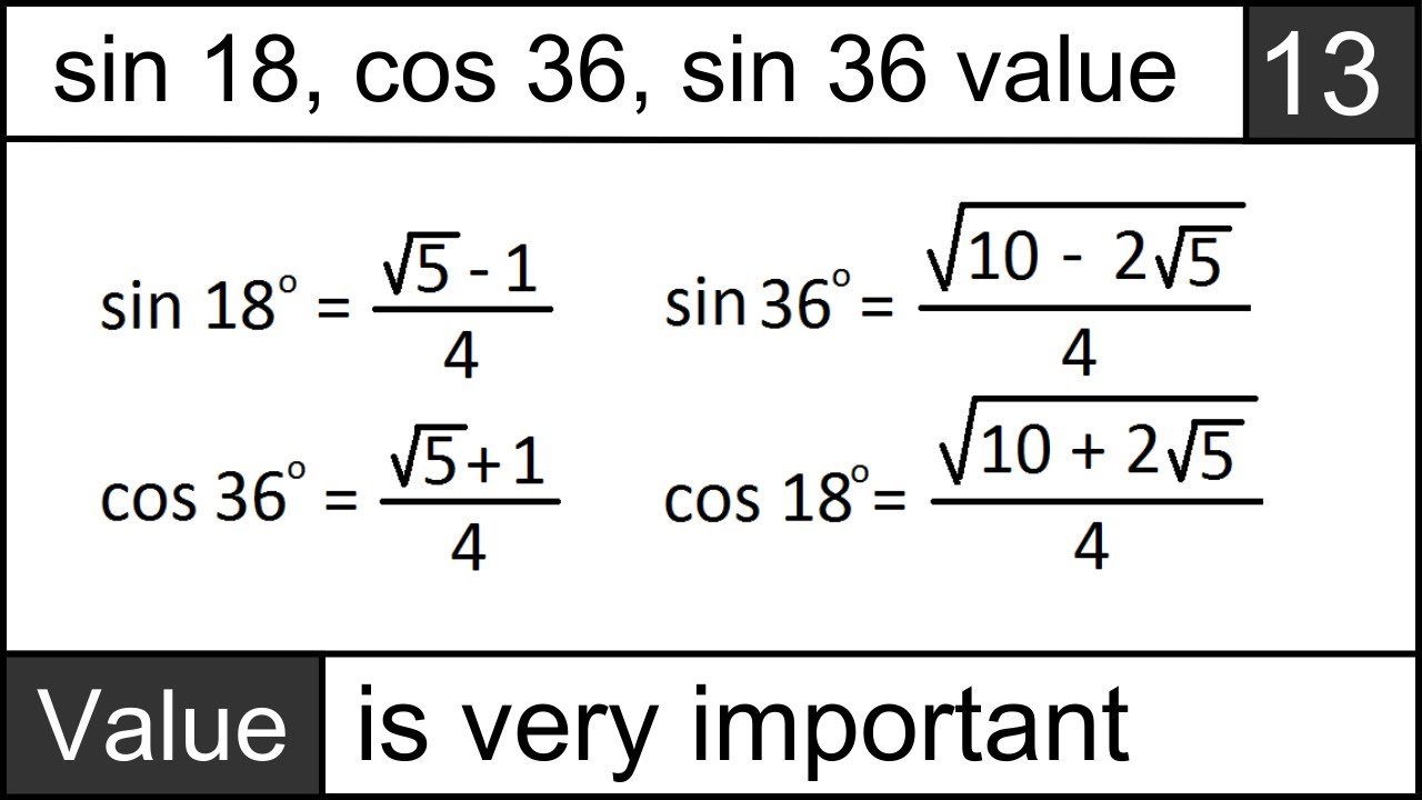 value of sin 18 | value of sin 36 | value of cos 18 | sin 18 | sin 36 | cos 18 | cos 36 values