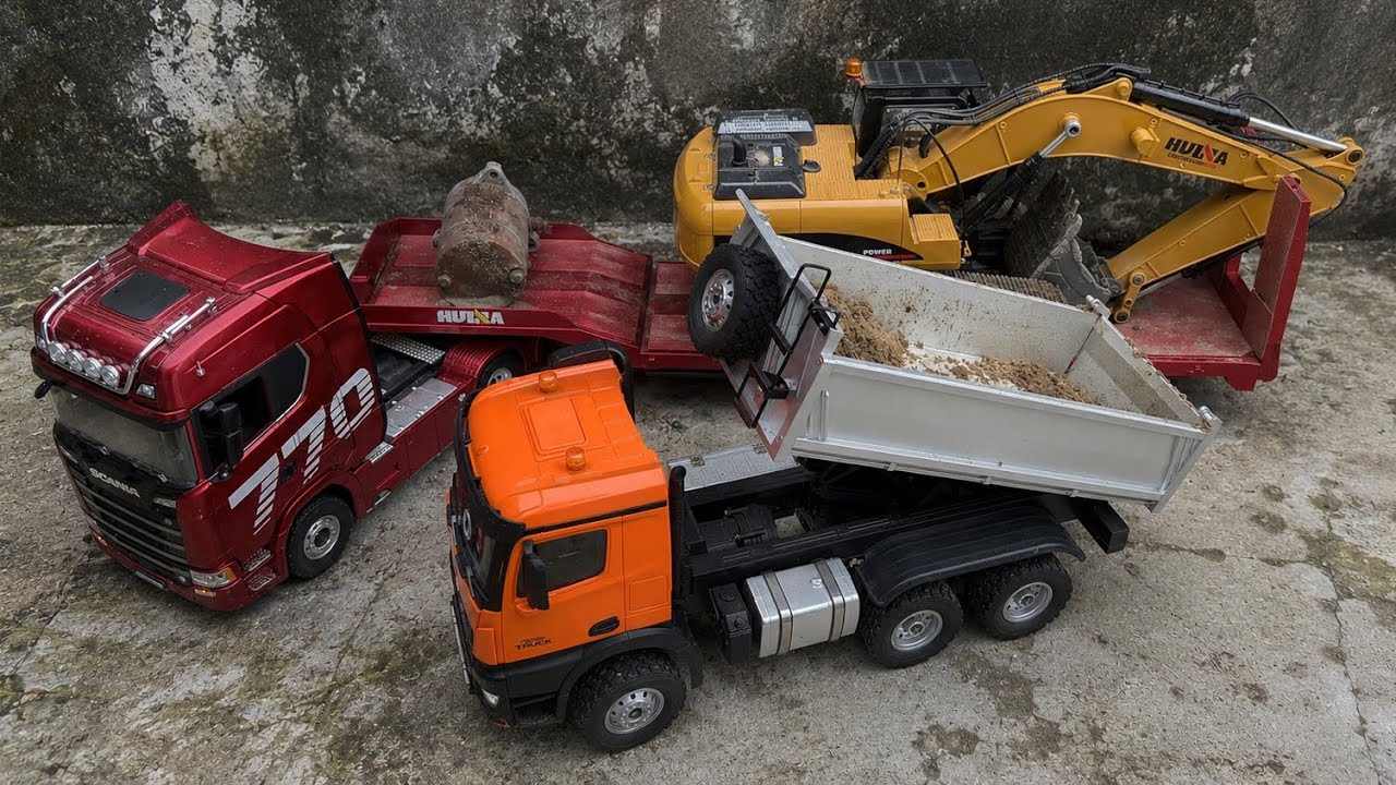 RC CONSTRUCTION REALISTIC! SCANIA 770 TRANSPORT HUINA EXCAVATOR&ndash;MINI DUMP TRUCK SAND LOADING ACTION!