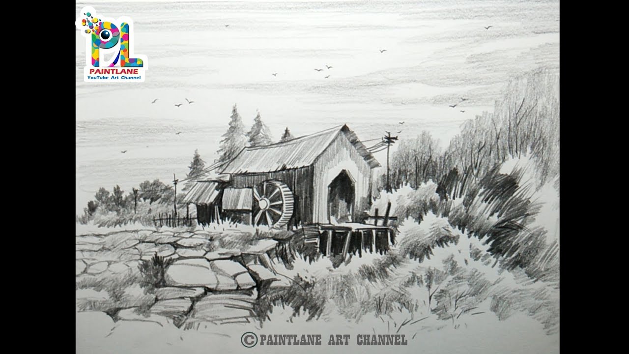 How to Draw and Shade A Old Wooden Damaged House In A Landscape | Pencil Art