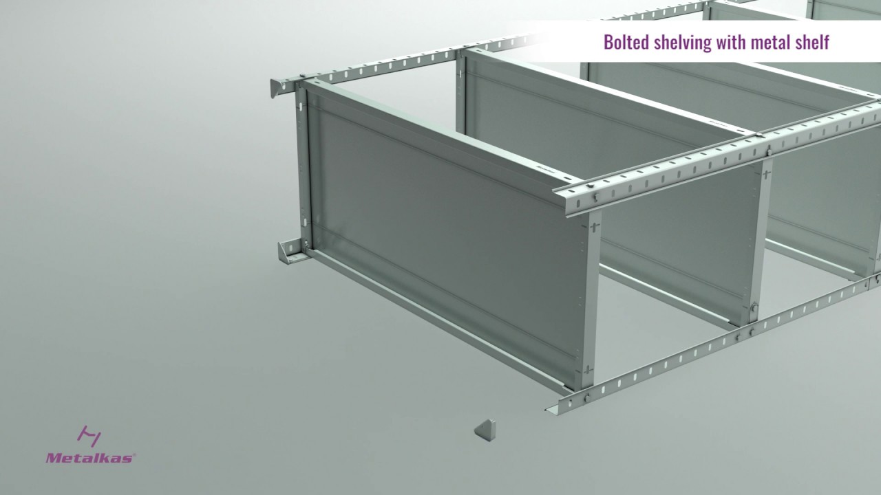 Assembly instructions for bolted shelving with metal shelf.