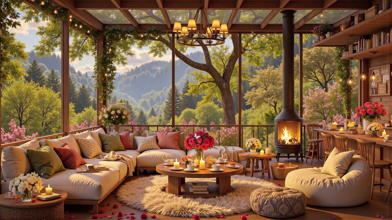 Cozy Sunny Forest Café Ambience 🌲🔥 Soft Jazz Music and Crackling Fire for Work, Study & Relax