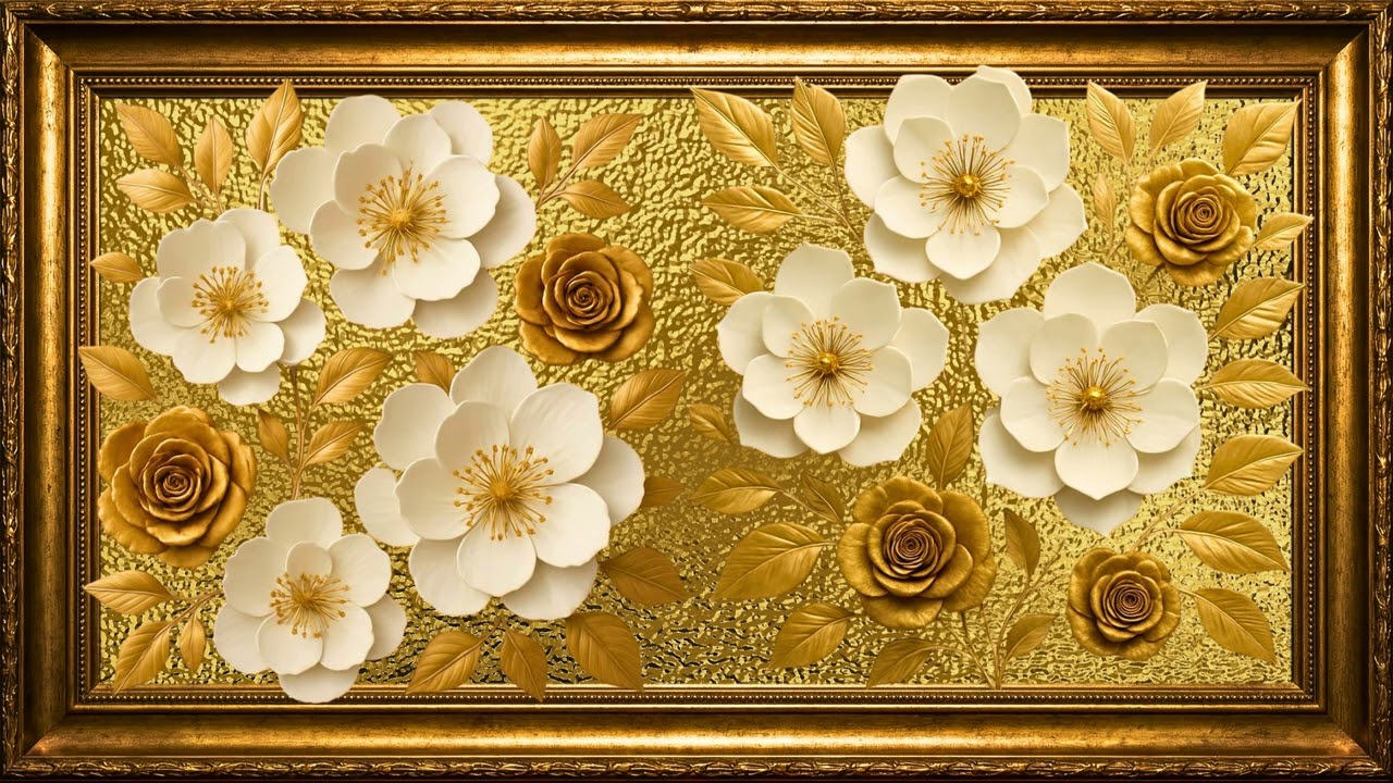 Luxury White & Gold Floral Wall Art  Elegant 3D Decorative Relief Design