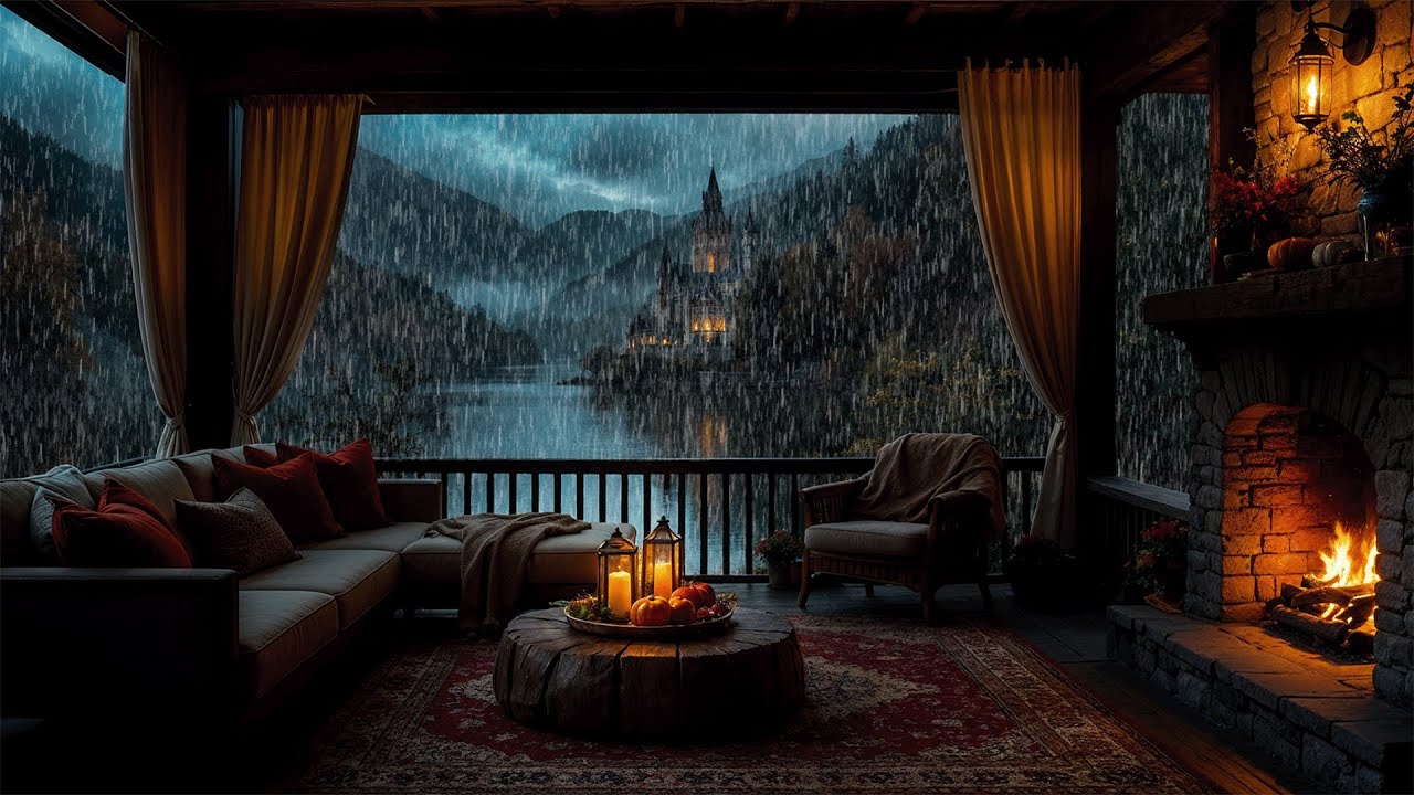 Heavy Rainy by the Lake House 🌧️ Fireplace Ambience for Deep Sleep and Relaxation