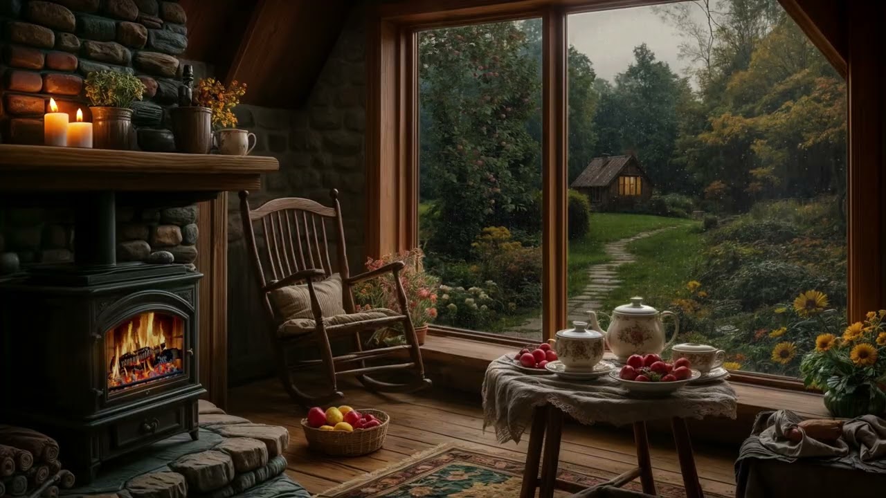 Peaceful Forest Cabin Morning 🌿🔥 | Fireplace Warmth & Garden View | Relax, Study or Sleep Calmly