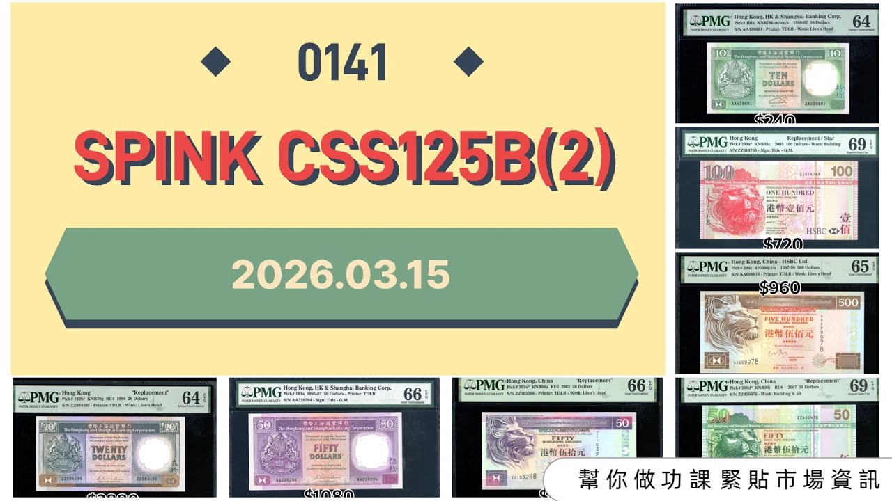 藏家必看｜0141｜香港鈔票拍賣成交記錄｜SPINK CSS125B(2)｜2026.03.15