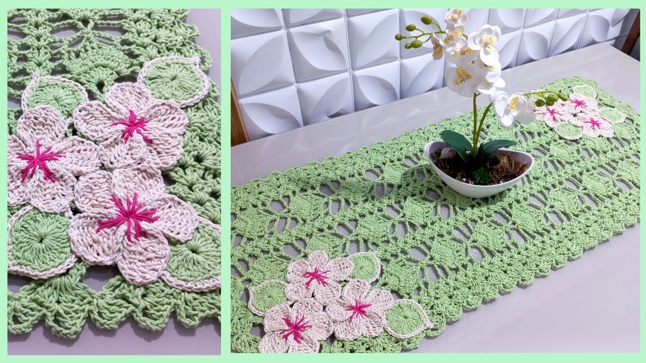 Flor Sakura em croche para aplicação no Trilho Caminho de mesa Cris  (Parte 2 final )