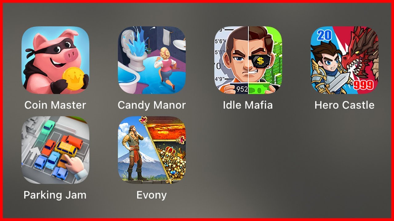 Coin Master, Candy Manor, Idle Mafia, Hero Castle Wars, Parking Jam 3D, Evony - Рекламные игры