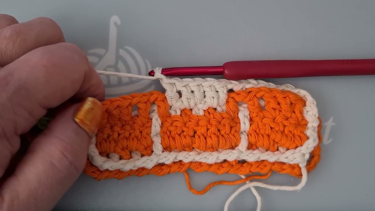Interlocking filet crochet with solids DF, DB row 6B