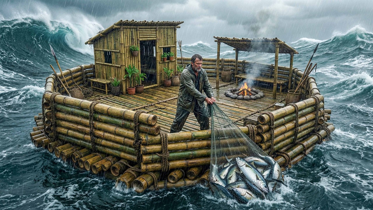 Desafío de supervivencia de 130 días: Construir un refugio en una balsa flotante de bambú