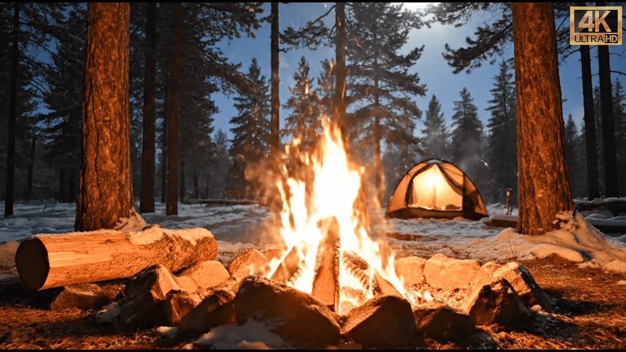 Winter Campfire in Snowy Forest 🔥Relaxing Fire Sounds for Sleep & Study| Kış Kamp Ateşi Ambiyansı 4K
