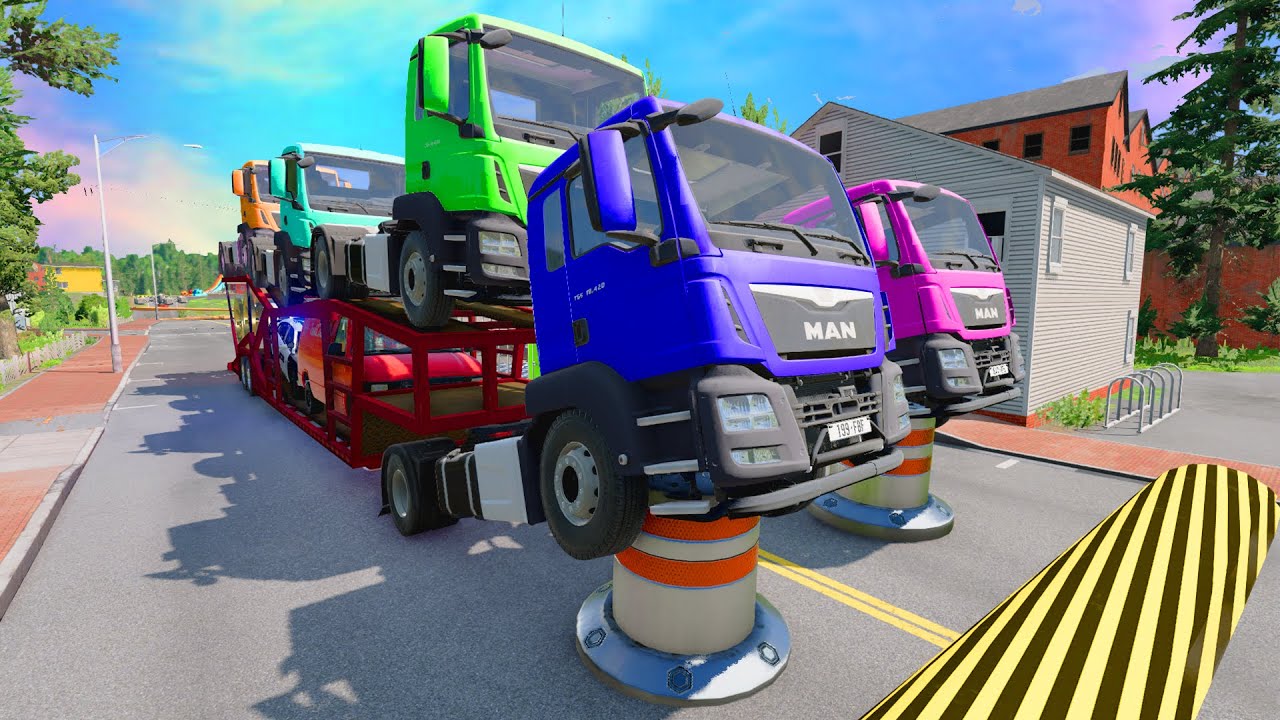 Double Flatbed Trailer Truck Transportation &mdash; Trains vs Trucks vs Speedbumps &mdash; BeamNG Drive 4