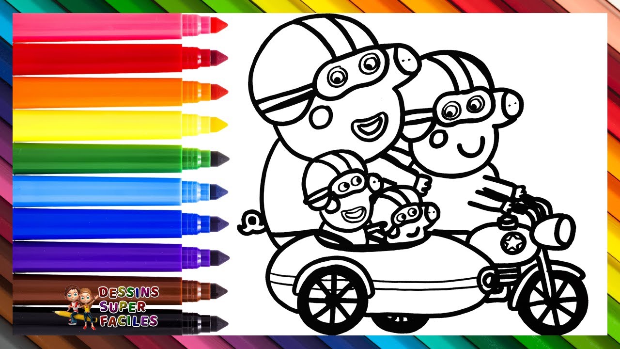 Dessiner et Colorier Peppa Pig avec ses Grands Parents sur une Moto avec un Sidecar 🛵🐷🐷👵👴🪖🌈