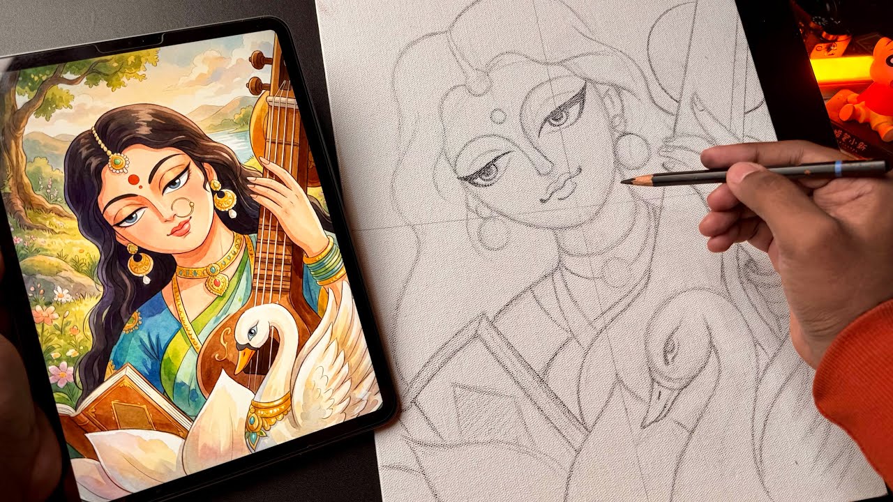 Saraswati Devi Drawing,  Madhubani Art,  Outline Tutorial 😍