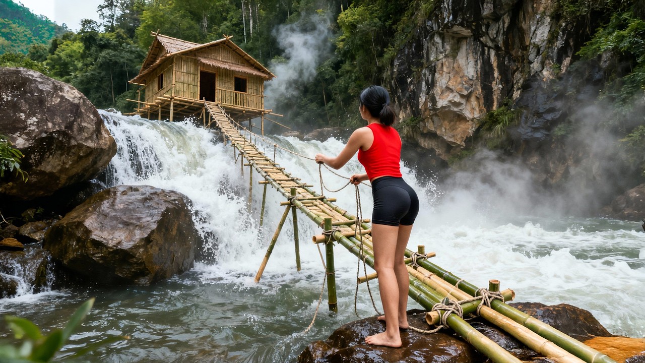 TIMELAPSE -- Techniques for Making a Bridge To a Waterfall, Building a Bamboo House on the Waterfall