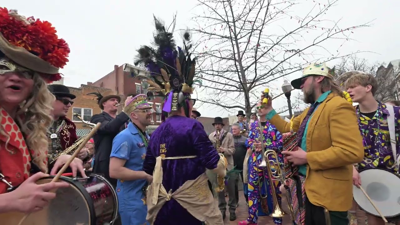 Parade stop at 8th and Mass - River City Brass Band Mardi Gras Parade Downtown Lawrence, KS 2/17/26