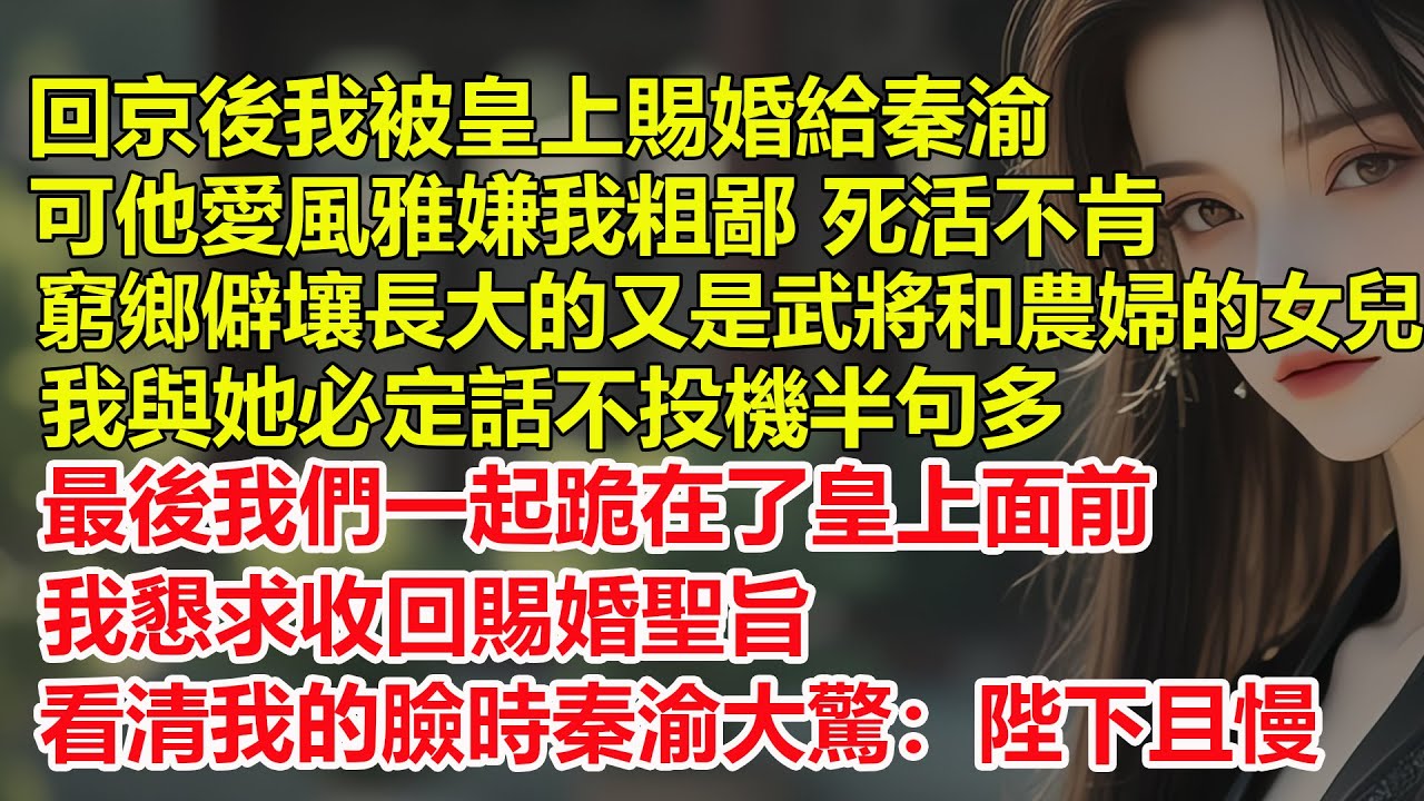 我一回京就被皇上賜婚給秦渝，他愛風雅嫌棄我粗鄙，寧死也不願意娶我，最後我們一起跪在了皇上面前，我懇求陛下收回賜婚聖旨，看清我的臉時秦渝大驚：陛下且慢...