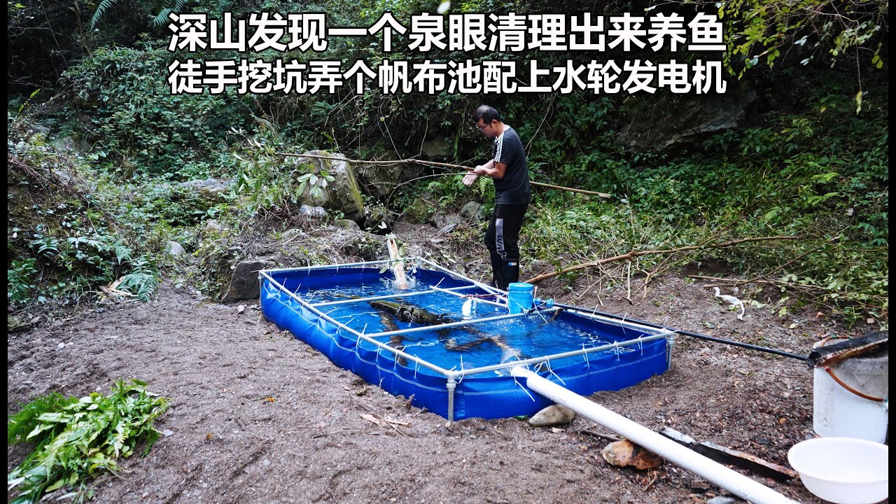 深山发现一个泉眼，开辟出来山泉水养鱼，还加了个水轮发电机诱虫