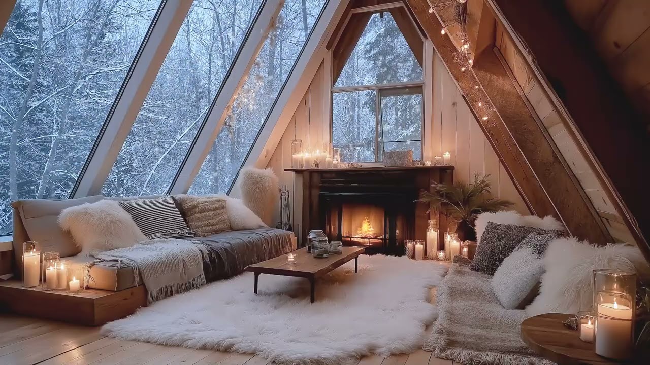 🎹🔥 Cozy White Winter Piano Ambience | Warm Fireplace Glow & Soft Snowfall for Sleep Relax | Ember