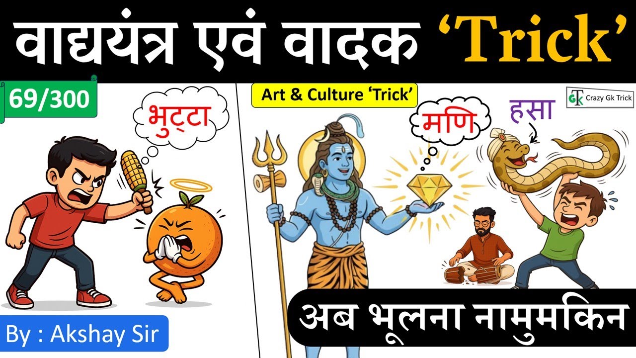 Gk Trick : वाद्य यंत्र और उनके वादक | Art & Culture | Static Gk Trick | Crazy Gk Trick | Akshay Sir