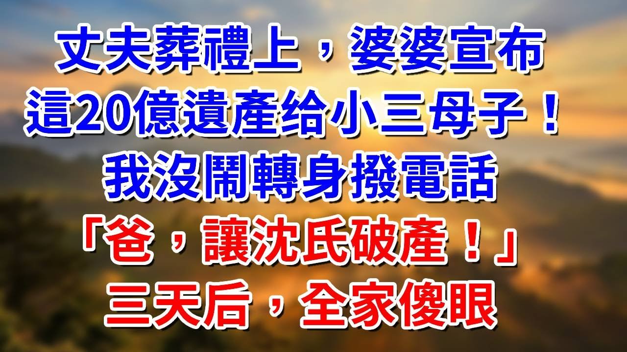 丈夫葬禮上，婆婆宣布：這20億遺產只屬於小三母子！我沒鬧轉身撥電話「爸，讓沈氏破產！」三天后，全家傻眼#阿木講故事#為人處世#生活經驗#情感故事#養老#睡前故事