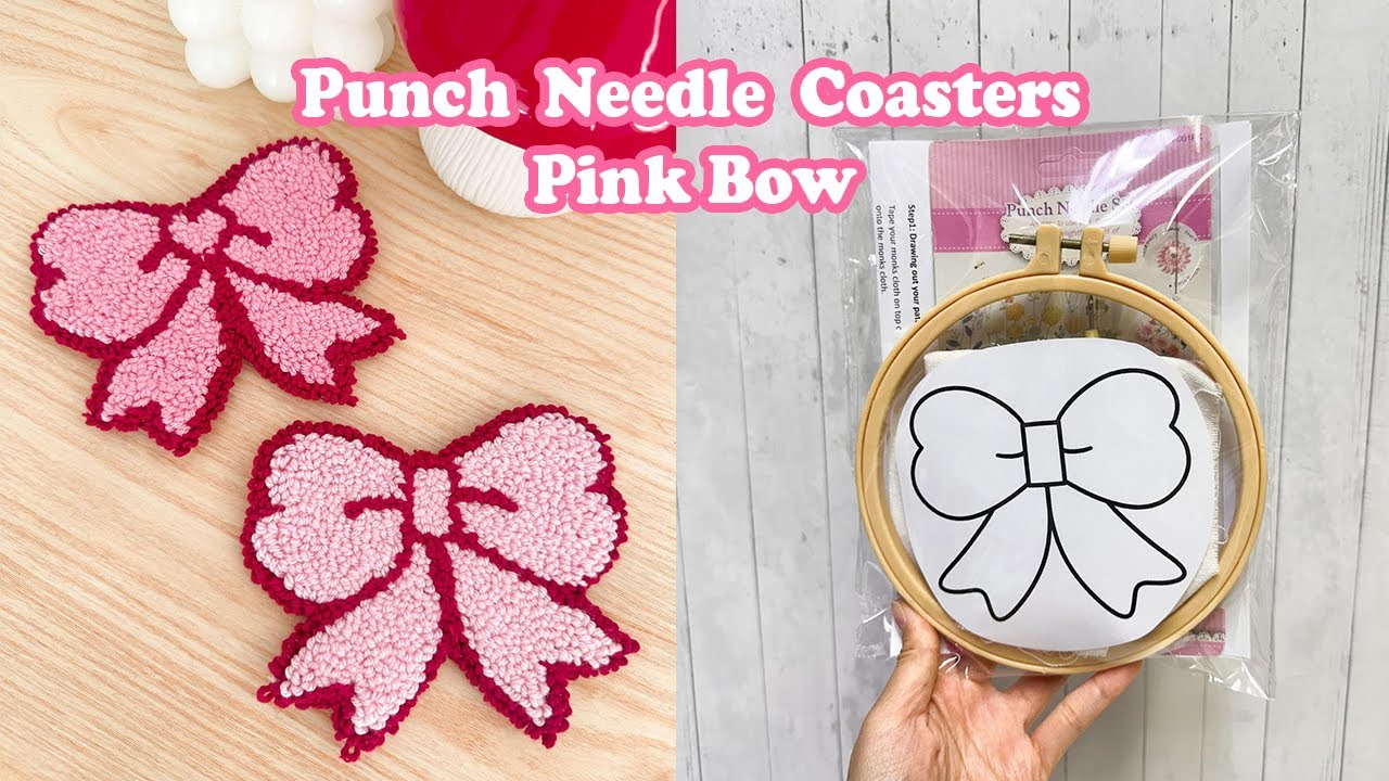 Punch Needle Coaster–Pink Bow TUTORIAL#1 | Handmade Tufted Mug Rug for beginners | WeaveyStudio