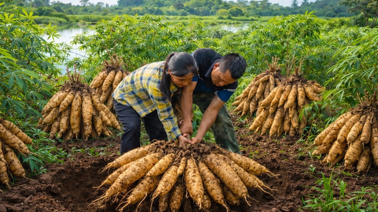 Harvesting cassava to use as an ingredient for making cakes - Gardening, cooking for the family
