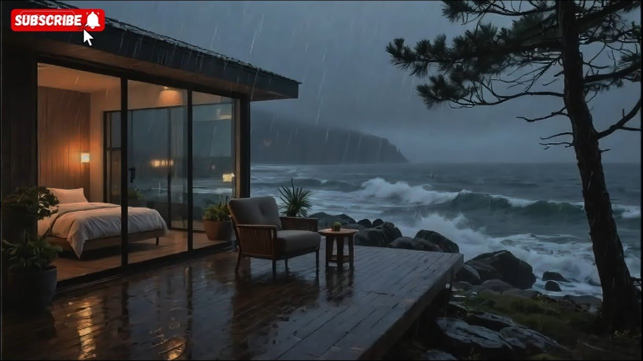 Instant Sleep Rain & Ocean Waves ASMR || Rainy Beach Balcony