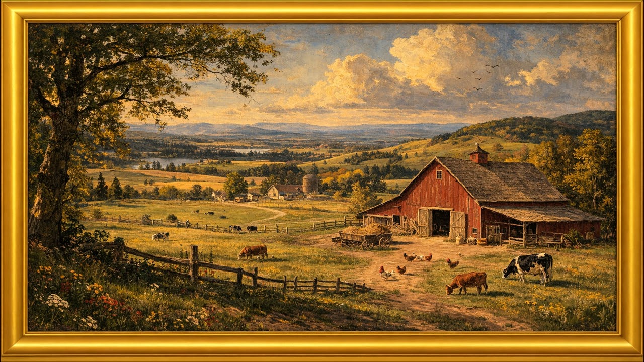 (4K) Midday At The Barn Vintage Painting | Gold Frame TV Art | TV Screensaver | 1 Hour