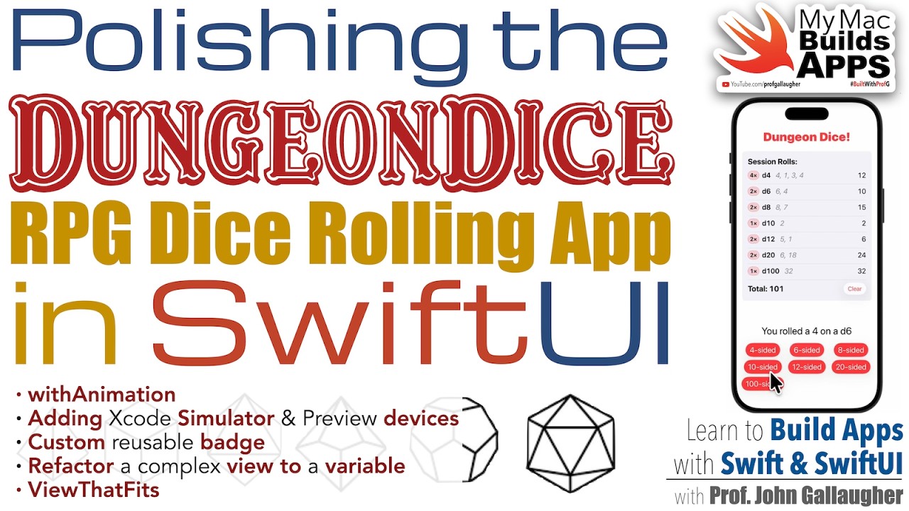 Ch. 4.10 SwiftUI withAnimation, custom badge, ViewThatFits, & Simulating Devices: DungeonDice (2026)