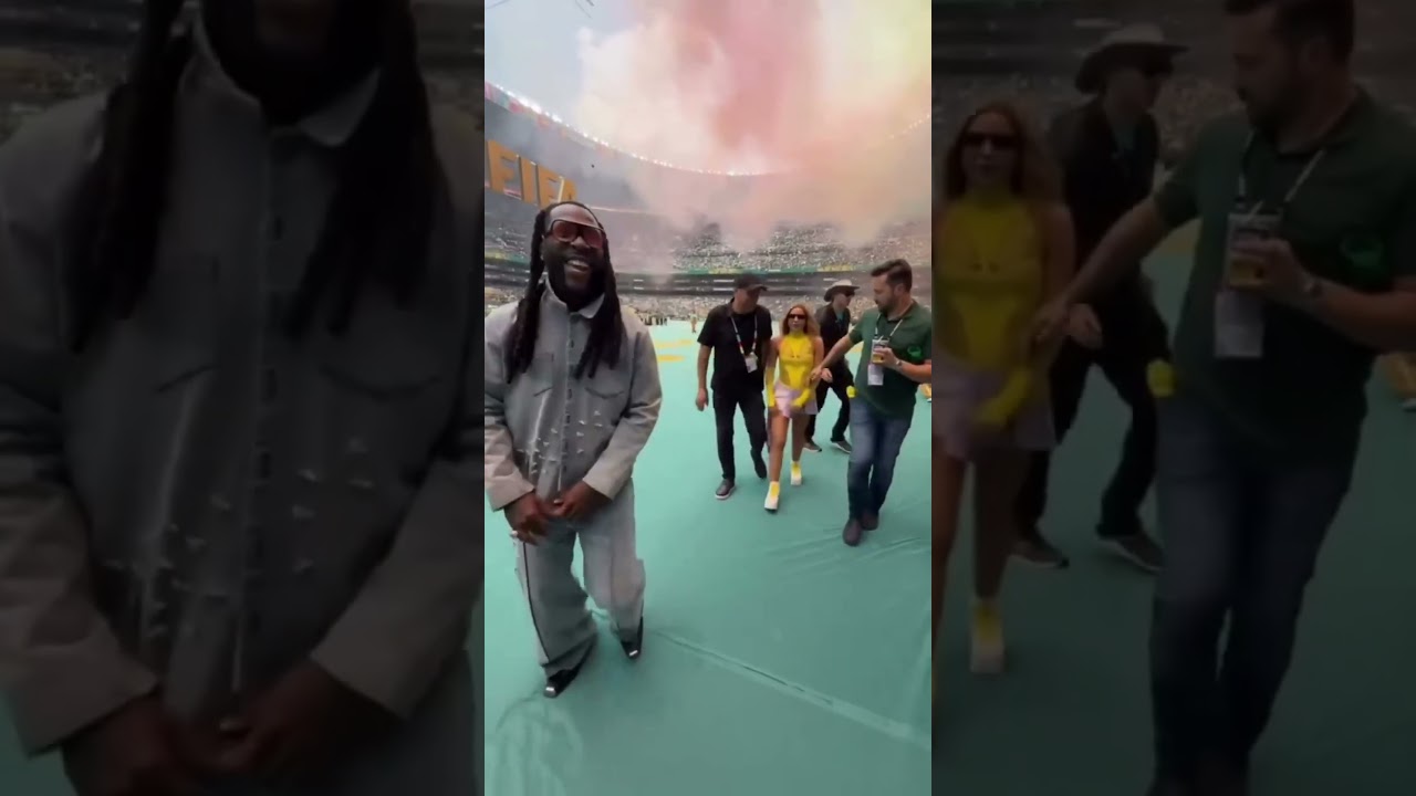 Shakira and Burna Boy celebrating after their performance of &ldquo;Dai Dai&rdquo; FIFA World Cup 2026 opening