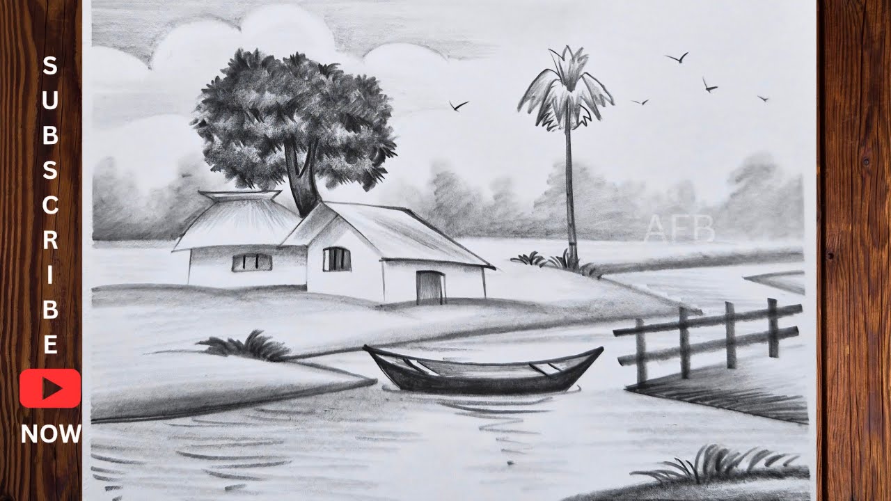 গ্রামের দৃশ্য সিনারি ড্রয়িং village scenery drawing/landscape drawing/pencil drawing and shading